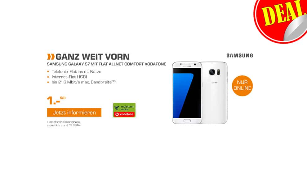 Samsung Galaxy S7 + Allnet + 1GB + Vodafone Netz nur 19,99€ mtl.