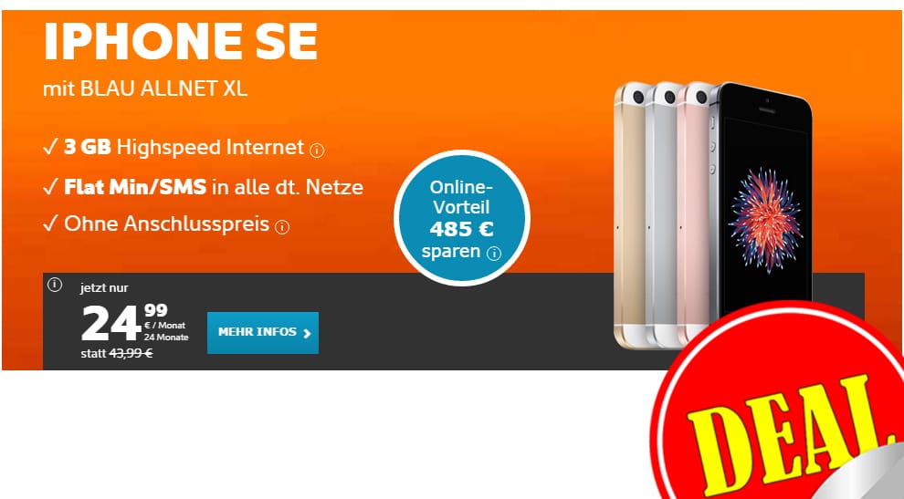 Apple iPhone SE + Allnet + 3GB nur 24,99€ mtl.