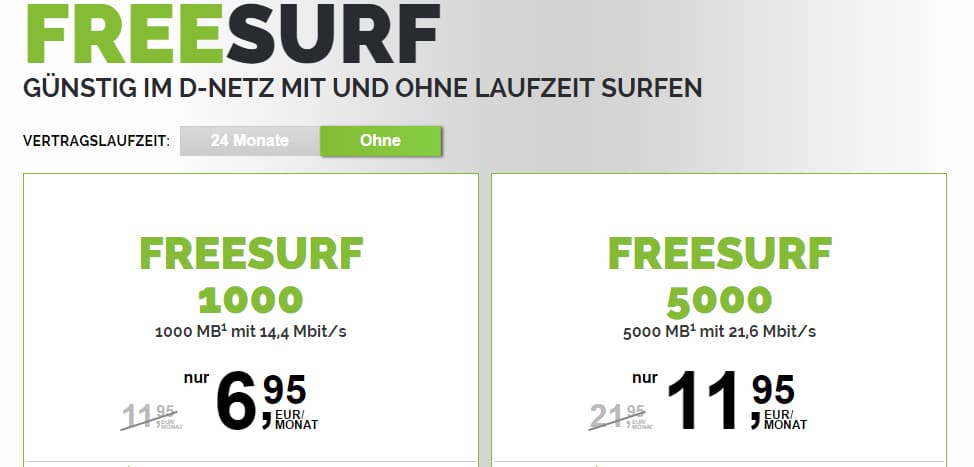 freeSURF Datentarif 5GB monatlich kündbar nur 11,95€