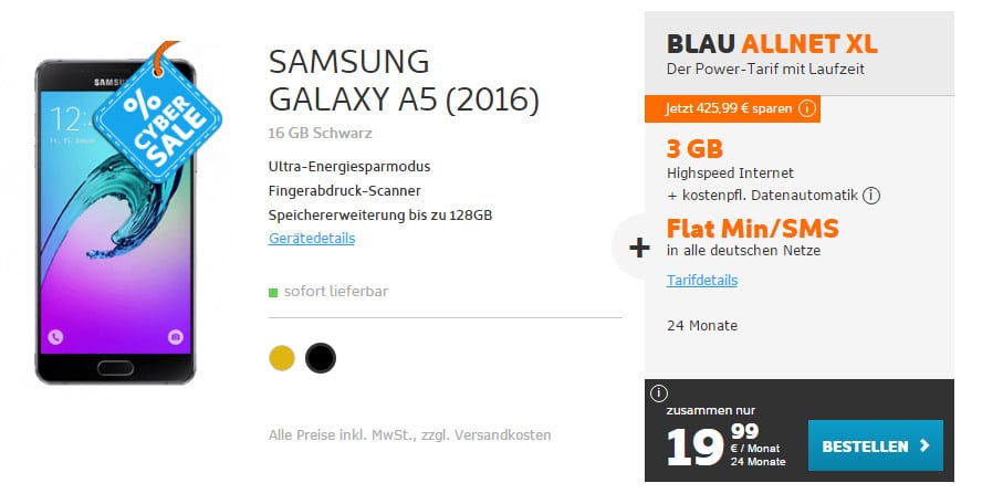 Galaxy A5 mit 3GB und Allnet nur 19,99€ mtl.