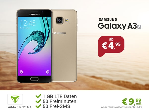 Samsung Galaxy A3 + 50Min/SMS + 1GB nur 9,99€ mtl.