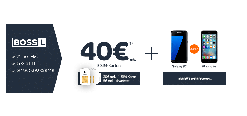 5 SIM Karten mit je 5 GB LTE + Allnet-Flat + iPhone 6s nur 40,-€ mtl.