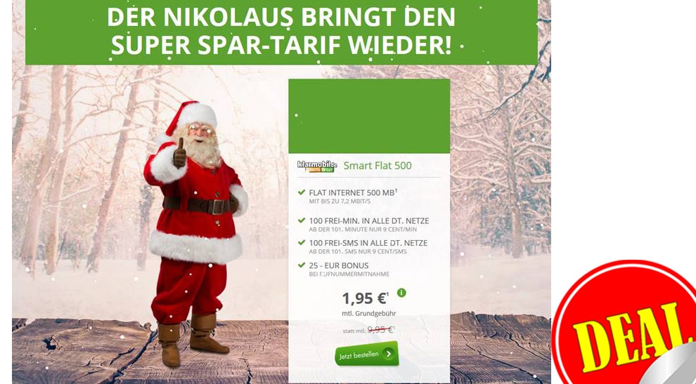 NIKOLAUS Deal! 100 Min/SMS + 500 MB Internet nur 1,95€ mtl.