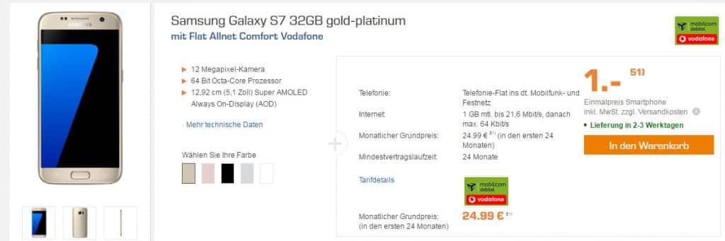 Galaxy S7 + Samsung Gear VR + Allnet nur 24,99€ mtl.