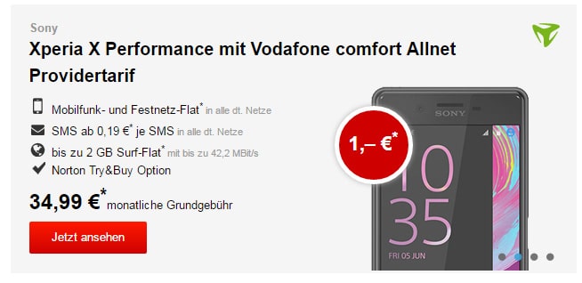 Sony Xperia X Performance + Allnet + 2GB nur 24,99€ mtl.