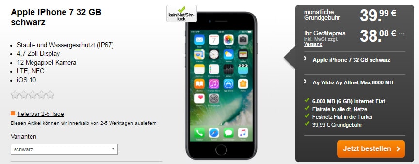 ay allnet Max + 6GB + Türkei Flat + iPhone 7 nur 39,99€ mtl.