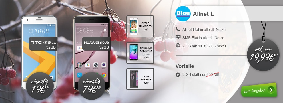 HTC One A9s + Allnet Flat + 2GB nur 19,99€ mtl.