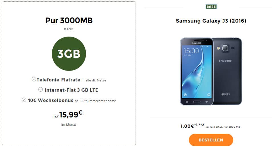 Galaxy J3 (2016) + 3GB LTE + Allnet Flat nur 15,99€ mtl.