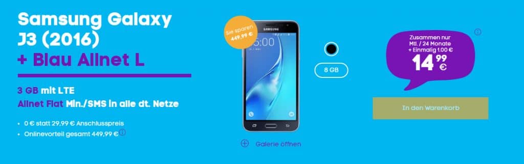 Samsung J3 + Allnet + 3GB LTE nur 14,99€ mtl. + Amazon Gutschein