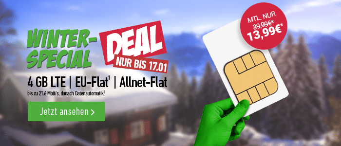 4GB LTE + Allnet Flat + EU Roaming nur 13,99€ mtl.