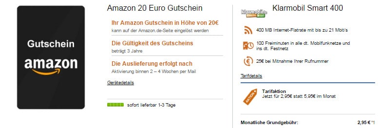 400MB + 100 Min + Telekom Netz + 20€ Gutschein nur 2,95€ mtl.