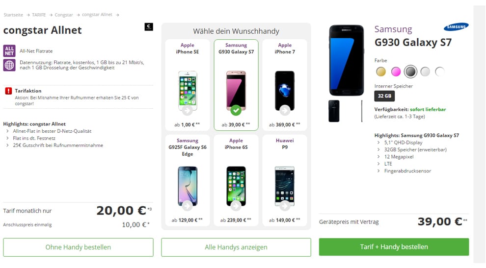 congstar Allnet mit 1GB im Telekom Netz + Samsung S7 nur 20€ mtl.