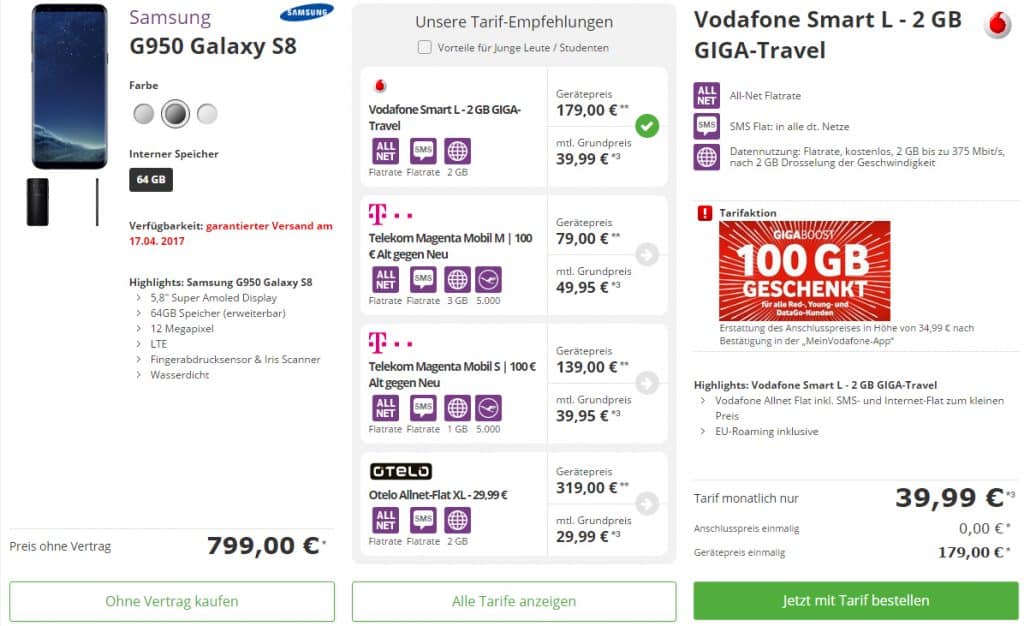 Galaxy S8 + Allnet +2GB LTE im Vodafone Netz nur 39,99€ mtl.