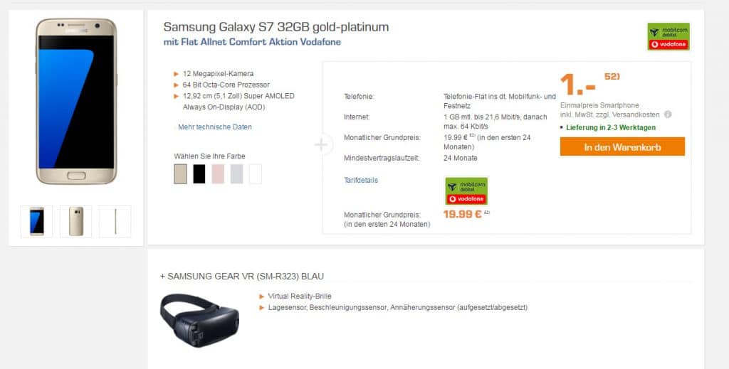 Galaxy S7 + GEAR VR + Allnet + 1GB nur 19,99€ mtl.