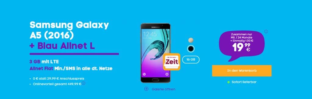 Samsung A5 + Allnet + 3GB LTE nur 19,99€ mtl. +50€ Amazon Gutschein