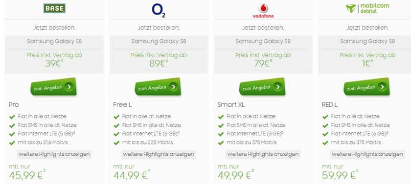 Samsung Galaxy S8 mit Vertrag ab 45,99€ mtl.