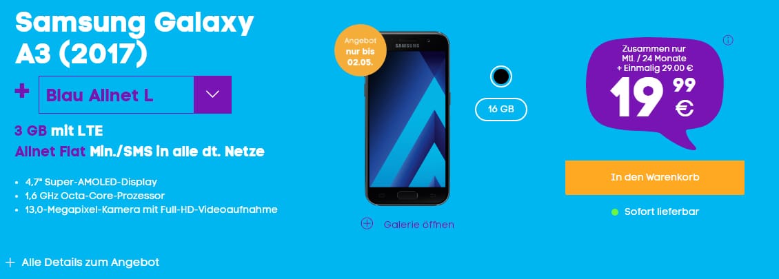 Galaxy A3 (2017) + 3 GB LTE + 35€ Amazon Gutschein nur 19,99€ mtl.