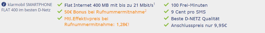 400 MB + 100 Min + 50 EUR Bonus! Nur 2,95 EUR/Monat