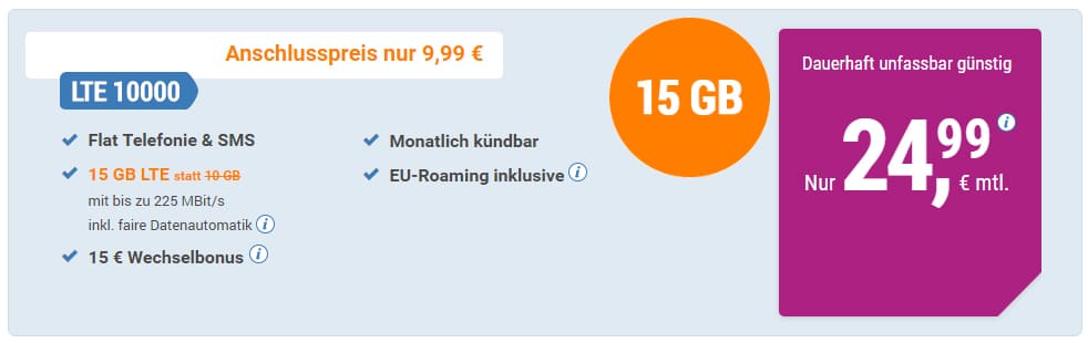 15 GB LTE Turbo + Allnet + monatlich kündbar nur 24,99€ mtl.