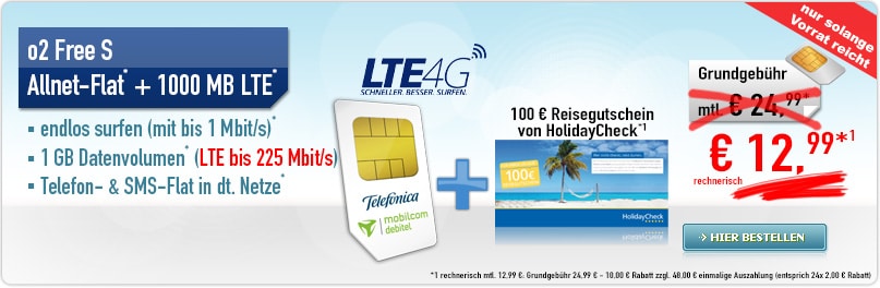 o2 Free S + 1 GB LTE +100€ Gutschein nur 12,99€ mtl.