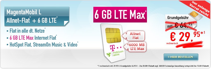 Telekom MagentaMobil L 6 GB nur 29,95€ mtl.