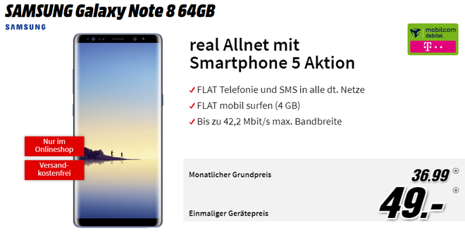 Galaxy Note 8 mit 4 GB und Allnet Telekom nur 36,99€ mtl.