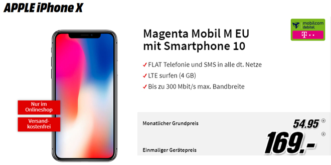 iPhone X mit 4 GB LTE Telekom nur 54,95€ mtl.