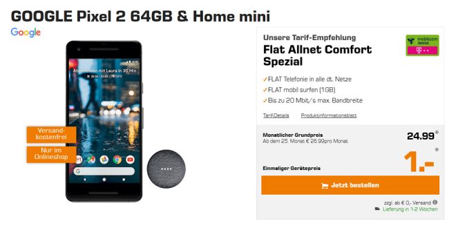 GOOGLE Pixel 2 & Home mini mit Allnet nur 24,99€ mtl.