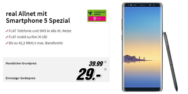 Galaxy Note 8 mit 4 GB und Allnet Telekom nur 39,99€ mtl.