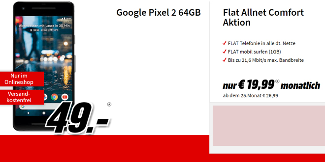 Google Pixel 2 mit Allnet im Vodafone Netz nur 19,99€ mtl.