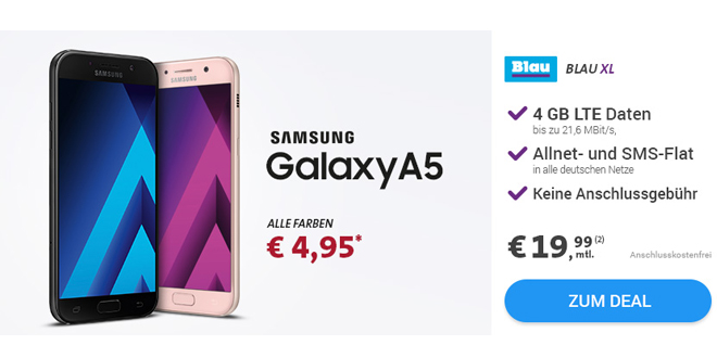 Galaxy A5 2017 mit 4 GB LTE und Allnet nur 19,99€ mtl.