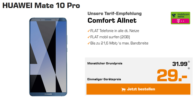 HUAWEI Mate 10 Pro mit 2 GB Internet und Allnet nur 31,99€ mtl.