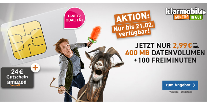 100 Min mit 400MB Internet und 24€ Amazon Gutschein nur 2,99€