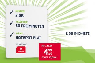 2 GB Internet mit 50 Min im Vodafone Netz nur 4,99€ mtl.