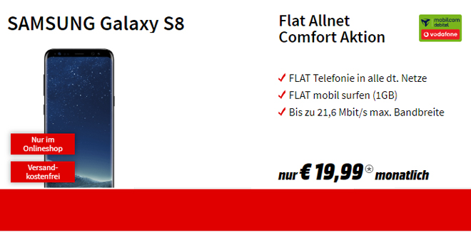 Galaxy S8 mit Allnet und 1 GB Internet nur 19,99€ mtl.