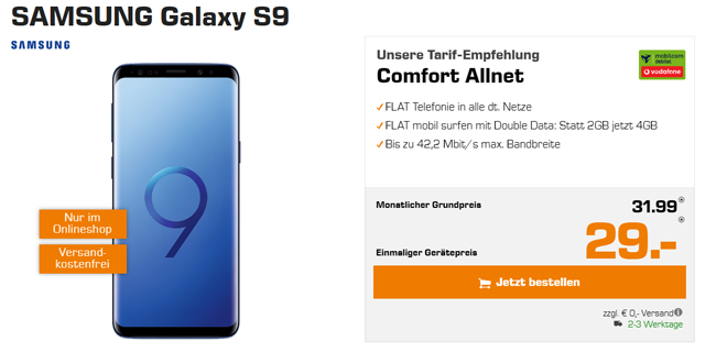 Galaxy S9 mit 4 GB Internet nur 31,99€ mtl.