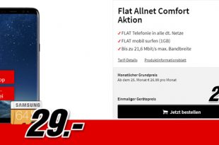 Galaxy S8 & 64 GB SD Karte mit Allnet nur 19,99€ mtl.