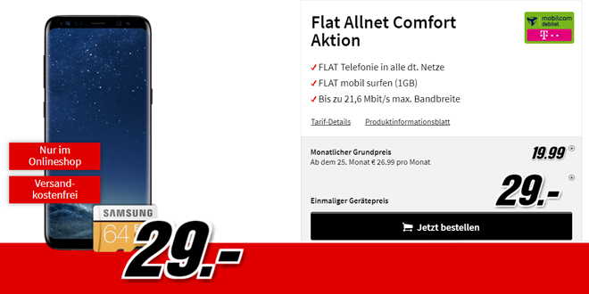 Galaxy S8 & 64 GB SD Karte mit Allnet nur 19,99€ mtl.
