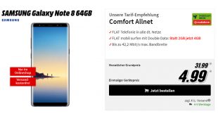 Galaxy Note 8 mit 4 GB Daten und Allnet nur 31,99€ mtl.
