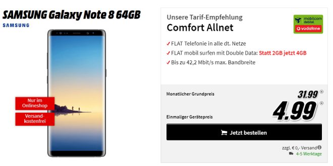 Galaxy Note 8 mit 4 GB Daten und Allnet nur 31,99€ mtl.