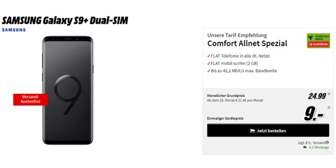 Galaxy S9+ mit Allnet und 2 GB Internet nur 24,99€ mtl.