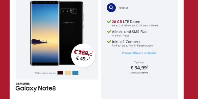 Galaxy NOTE 8 mit 20 GB LTE Allnet nur 34,99€ mtl.