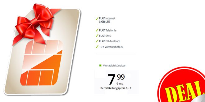 ‌3 GB LTE + Allnet + monatlich kündbar nur 7,99€ mtl.‌