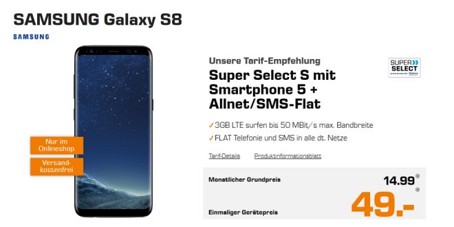 Galaxy S8 mit 3 GB LTE nur 14,99€ mtl.