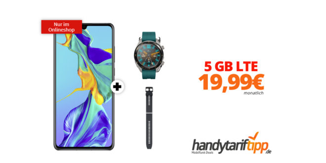 HUAWEI P30 inkl. Displayschutzglas & Watch GT Active & Silikon Armband mit 5 GB LTE nur 19,99€