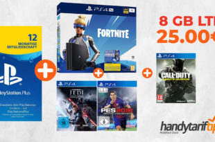 8 GB LTE Allnet im Telekom Netz mit Sony PlayStation 4 Pro & Fortnite Paket & Star Wars Jedi: Falle Order & CoD Infinite Warfare & PES 2018 für nur 25€