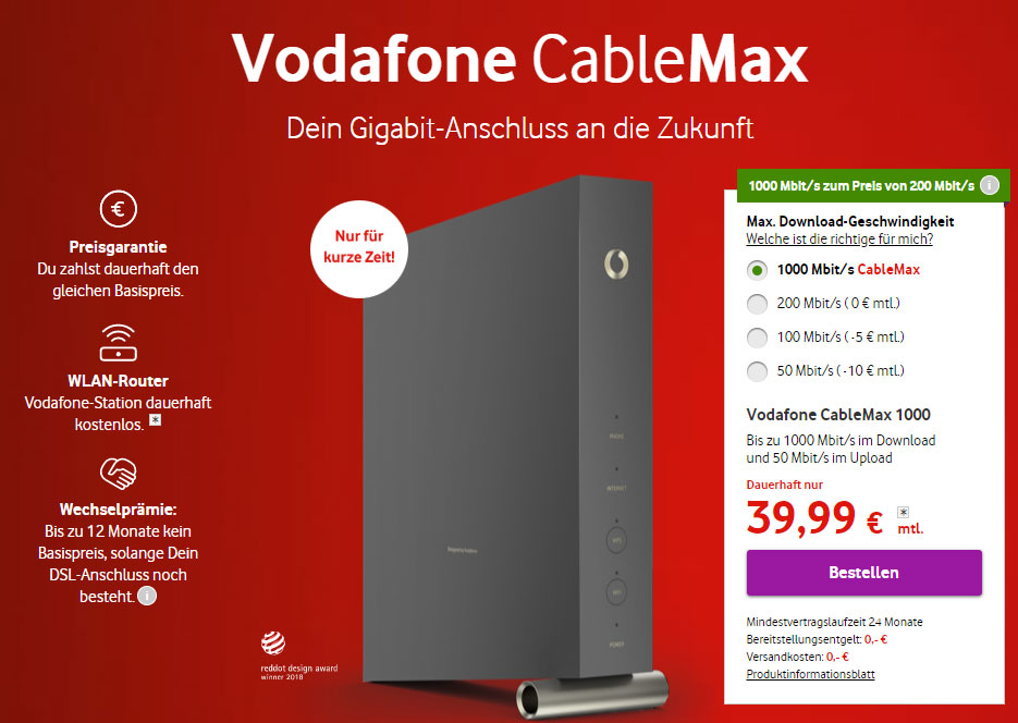 [Kabel Internet] GigaCable Max bei Vodafone - bis zu 1 Gbit/s für nur 39,99 € pro Monat
