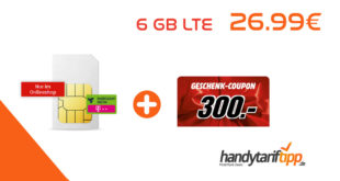 6 GB LTE Allnet im Telekom Netz mit 300€ Geschenk-Coupon nur 26,99€