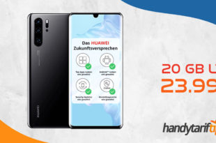 Huawei P30 Pro mit 20 GB LTE nur 23,99 Euro monatlich. Die einmalige Zuzahlung in dieser Aktion liegt bei nur 99 Euro.