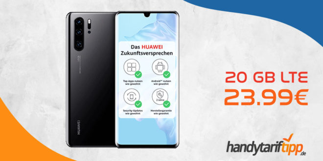 Huawei P30 Pro mit 20 GB LTE nur 23,99 Euro monatlich. Die einmalige Zuzahlung in dieser Aktion liegt bei nur 99 Euro.